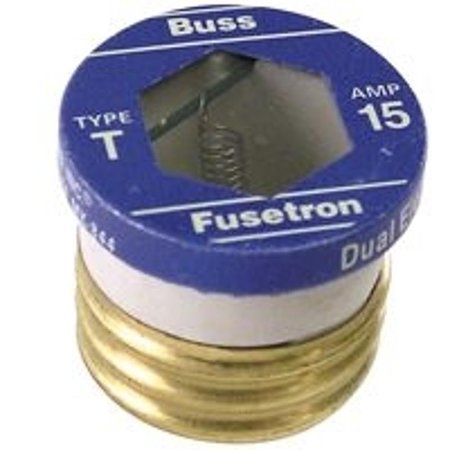 EATON BUSSMANN Plug Fuse, T Series, Time-Delay, 15A, 125V AC, Indicating, 10kA at 125V AC T-15